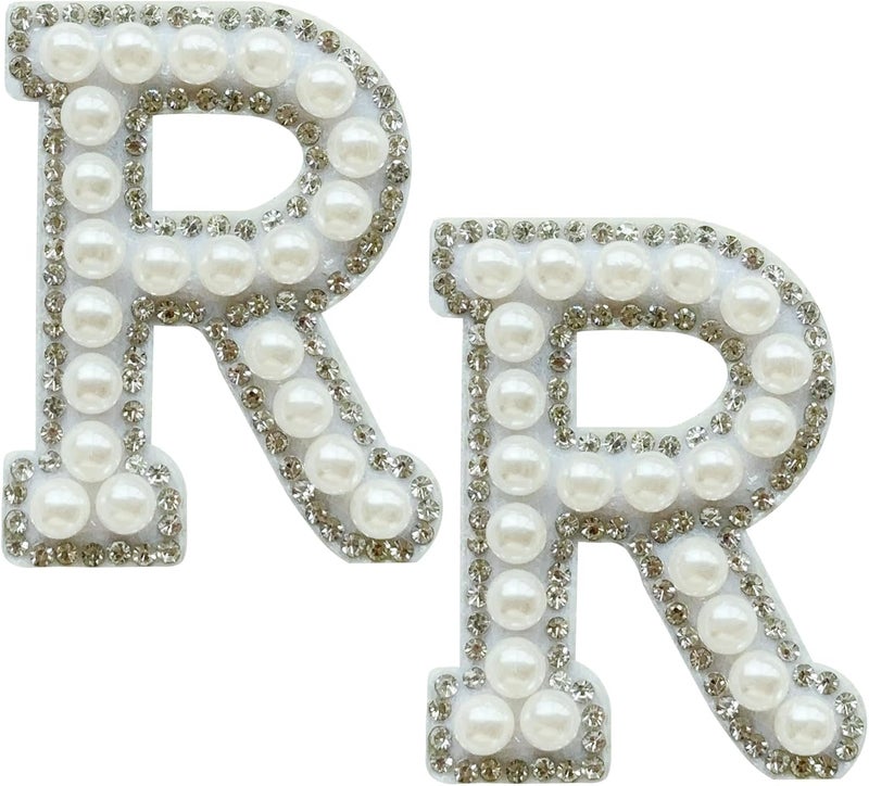 SOYCEV 2PCS White Pearl Iron on Rhinestone & Sequin Sparkly Letter Patches for Backpacks & Clothing - Image 1
